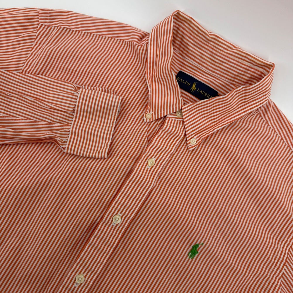 Ralph Lauren Button Down Shirt Mens XL Orange White Striped Long Sleeve Cotton